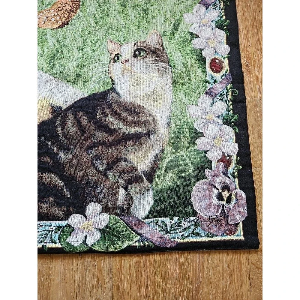 Vintage Cat Tapestry Wall Hanging 35x28. Cats, Butterflies And Flowers.